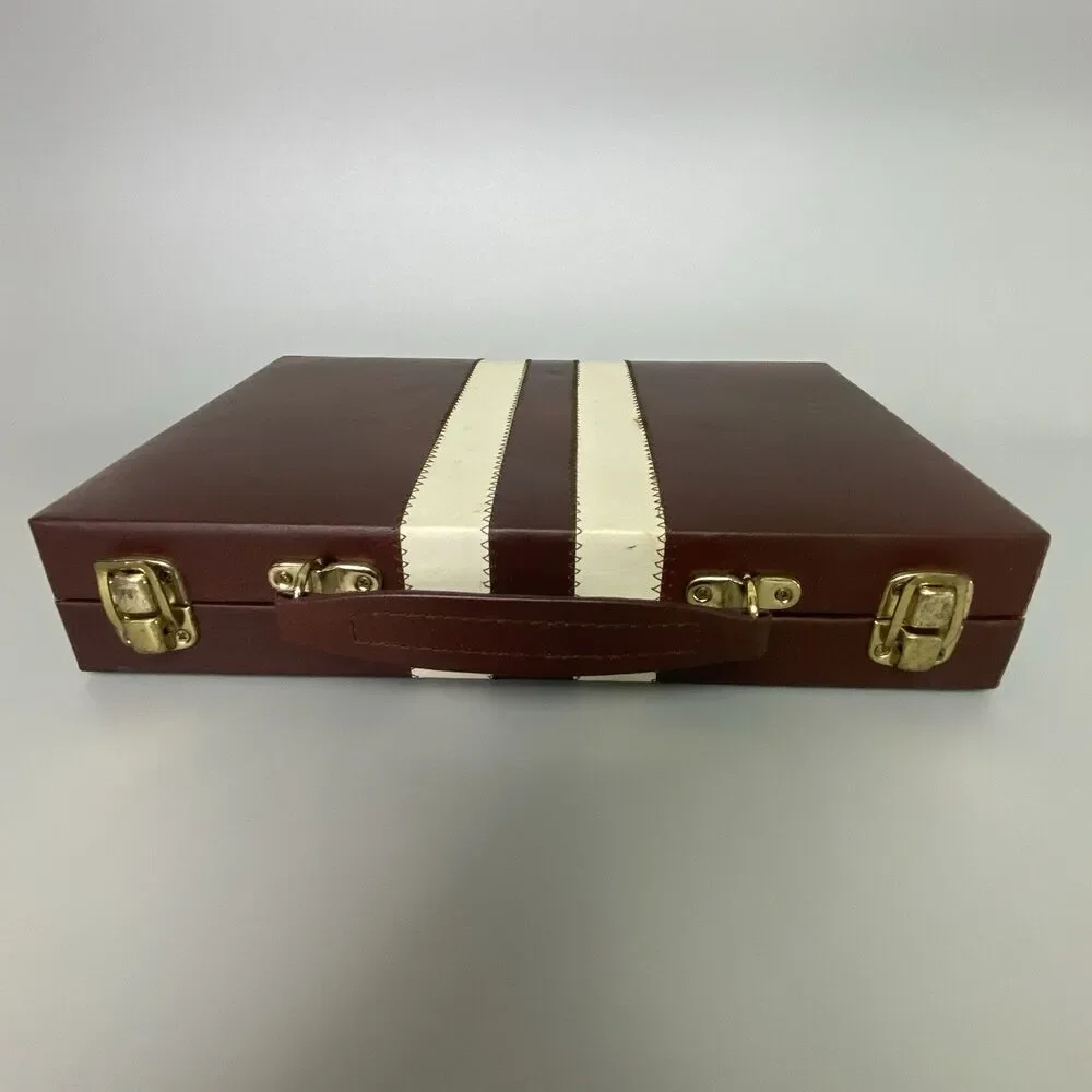 Vintage Backgammon Set Brown Travel Case Complete Dice Chips Folding Board New - Picture 9 of 13